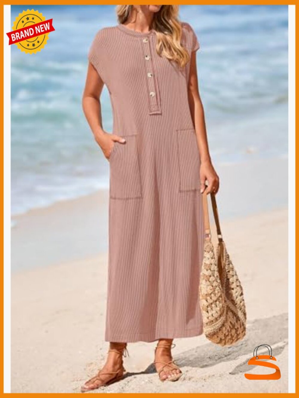 Ribbed Knit Henley Maxi Dress with Pockets Summer Dress - Picture 5 of 7